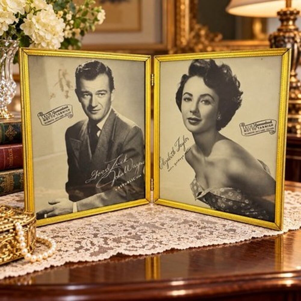 Vtg John Wayne Elizabeth Taylor 8x10 Portraits Gold Hinged Double Picture Frame